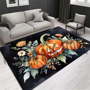 Pumpkin Art Rug, Autumn Design Rug, Fall Decor Rug, Leaf Rug, Halloween Modern Rug, Pumpkin Area Rug, Pumpkin Horror Rug, Flower Themed Rug