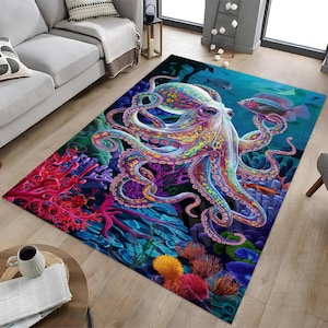 Tapis pieuvre, tapis pieuvre transparent, tapis décoratif pieuvre, tapis monde sous-marin, tapis pieuvre, tapis de mer, tapis océan, tapis décor animaux