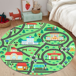 Wegtapijt, spoorwegtapijt, verkeersbordentapijt, rond tapijt, speelkleed, kinderkamertapijt, babykamertapijt, zacht speelkleed voor kinderen, kinderkamermat, vloerkleed jongenskamer
