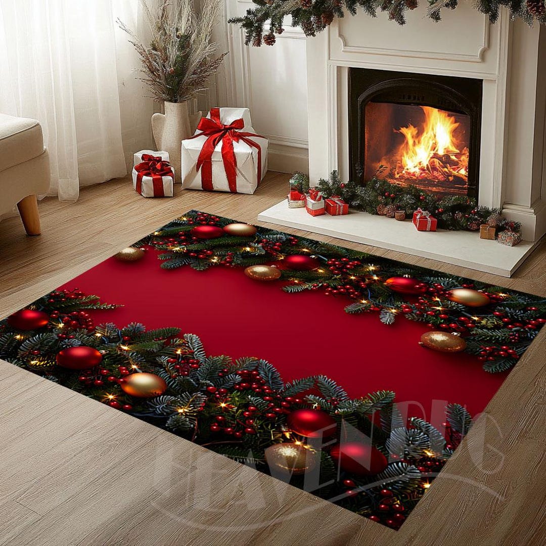 Red Christmas Rug, Pine Branch and Ornament Decor, Holiday Home - Etsy