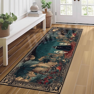 May include: A rectangular Star Wars-themed rug featuring Darth Vader and Stormtroopers. The rug has a dark background with a detailed landscape, including palm trees and a Death Star. The border is black with ornate gold detailing.