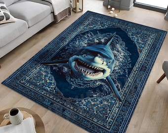 Tapete Tubarão 3D, Tapete Poder Tubarão, Tapete Predador do Oceano, Tapete Mar Profundo, Tapete Fera Marinha, Tapete Oceano Escuro, Tapete Arte Tubarão, Tapete Caçador do Mar