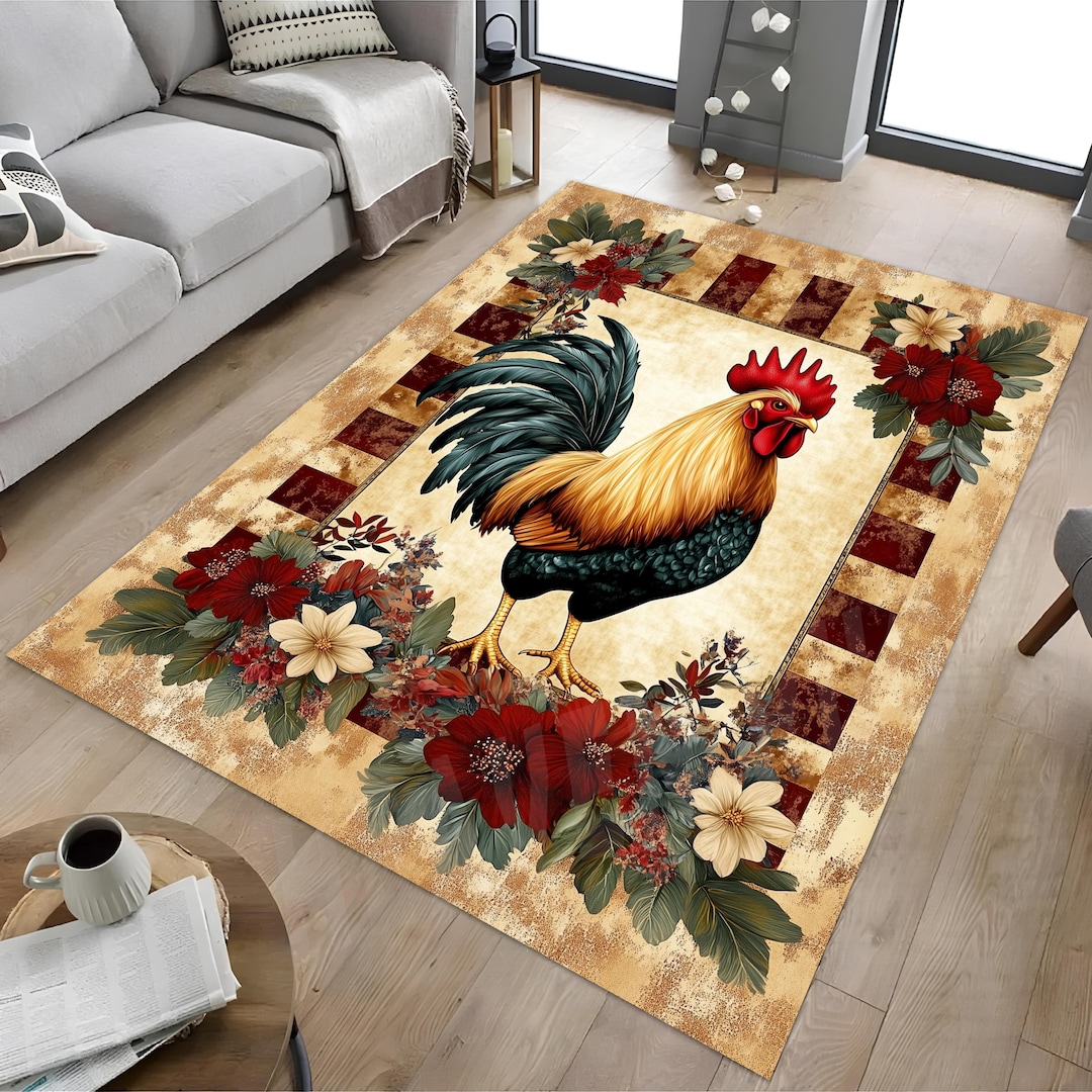 Blue Chicken Rug Rooster Floral Rug, Vintage Style Rug, Farmhouse Rooster Rug, Country ...