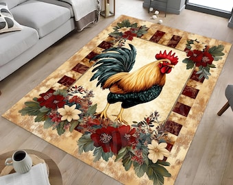 Rooster Floral Rug, Vintage Style Rug, Farmhouse Rooster Rug, Country Chicken Rug, Rustic Farm Rug, Floral Farm Rug, Classic Rooster Rug