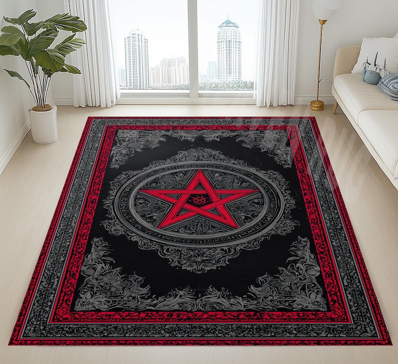 Gothic Pentagram Rug, Black Red Mystic Occult Carpet, Dark Living Room ...