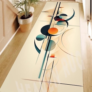 May include: Abstract geometric design rug with a cream background, featuring overlapping circles in shades of blue, green, orange, and red. The circles are intersected by black and blue lines.