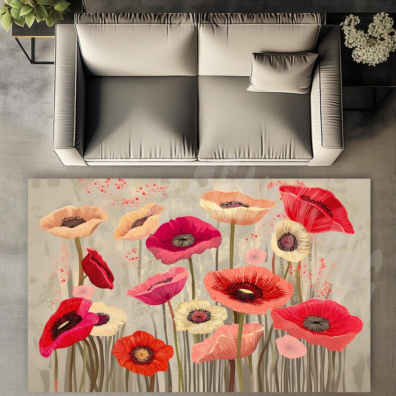 Poppy Kitchen Rug Colorful Poppy Flower Rug: Floral Living Room Decor - Etsy