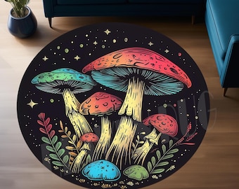 Colorful Mushroom Round Rug: Forest Design, Non-Slip Cotton Base (24 inch)
