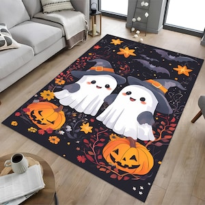 Cute Ghost Rug, Ghost Decor Rug, Noble Ghost Rug, Halloween Rug, Cartoon Ghost Couple Rug, Bat Rug, Pumpkins Design Rug, Leaves Themed Rug