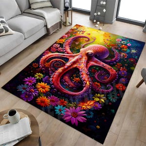 Tapis pieuvre rose, tapis pieuvre, tapis décoratif floral, tapis monde sous-marin, tapis pieuvre, tapis de mer, tapis océan, tapis décoratif animaux, tapis fleurs colorées