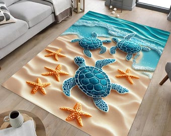 Baby Turtles Rug: Sea Stars Beach Ocean Design