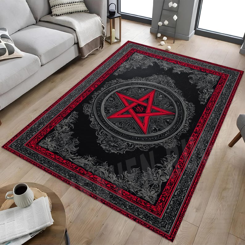 Gothic Pentagram Rug, Black Red Mystic Occult Carpet, Dark Living Room ...