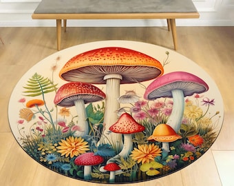 Colorful Mushroom Round Rug: Floral Kids Room Decor (24 inch)