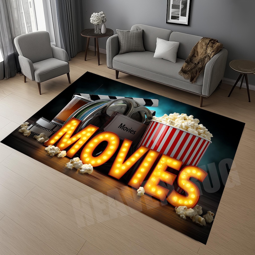Movies Rug, Movie Night Rug, Cinema Theme Rug, Popcorn Movie Rug, Film ...