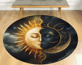 Moon and Sun Art Rug, Sun Decor Rug, Moon Round Rug, Moon Celestial Rug, Bohemian Sun Rug, Bohemian Round Rug, Night Round Rug, Cloud Rug