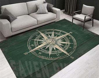 Tappeto con bussola nautica: velluto verde, base in cotone antiscivolo