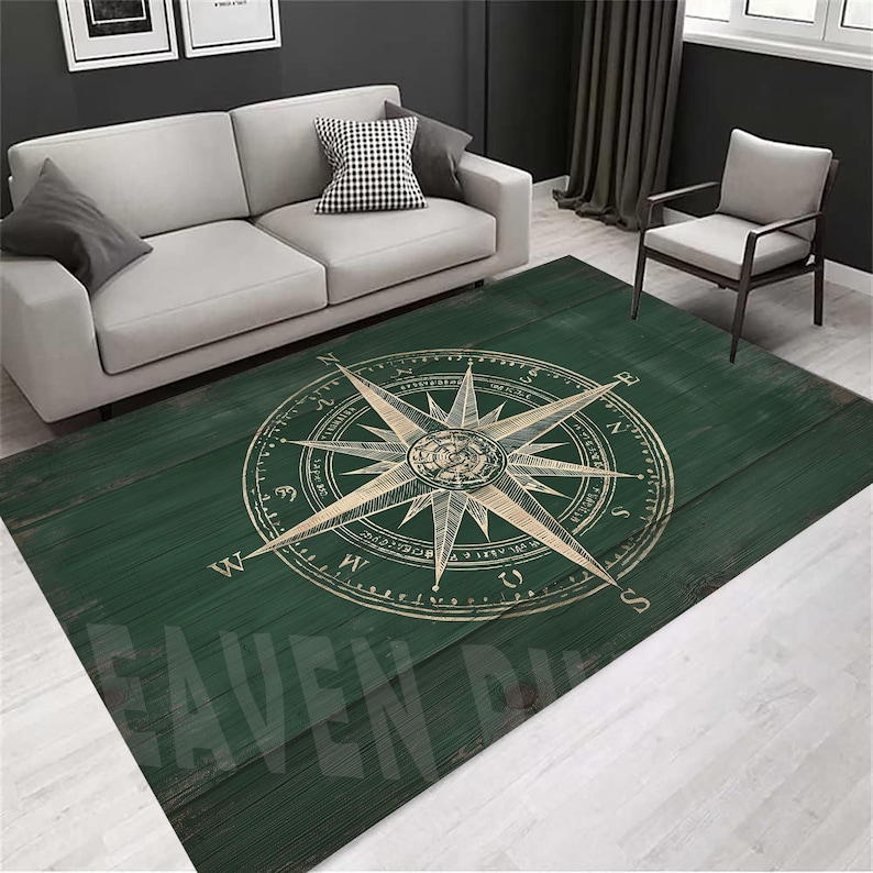 Nautical Compass Rug: Green Velvet, Non-slip Cotton Base - Etsy