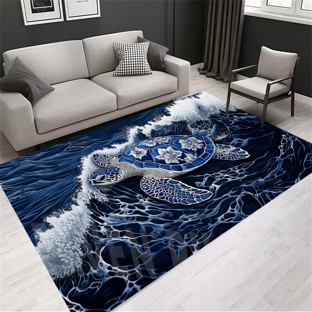 Turtle Area Rug: Dark Blue Sea Waves, Coastal Decor - Etsy