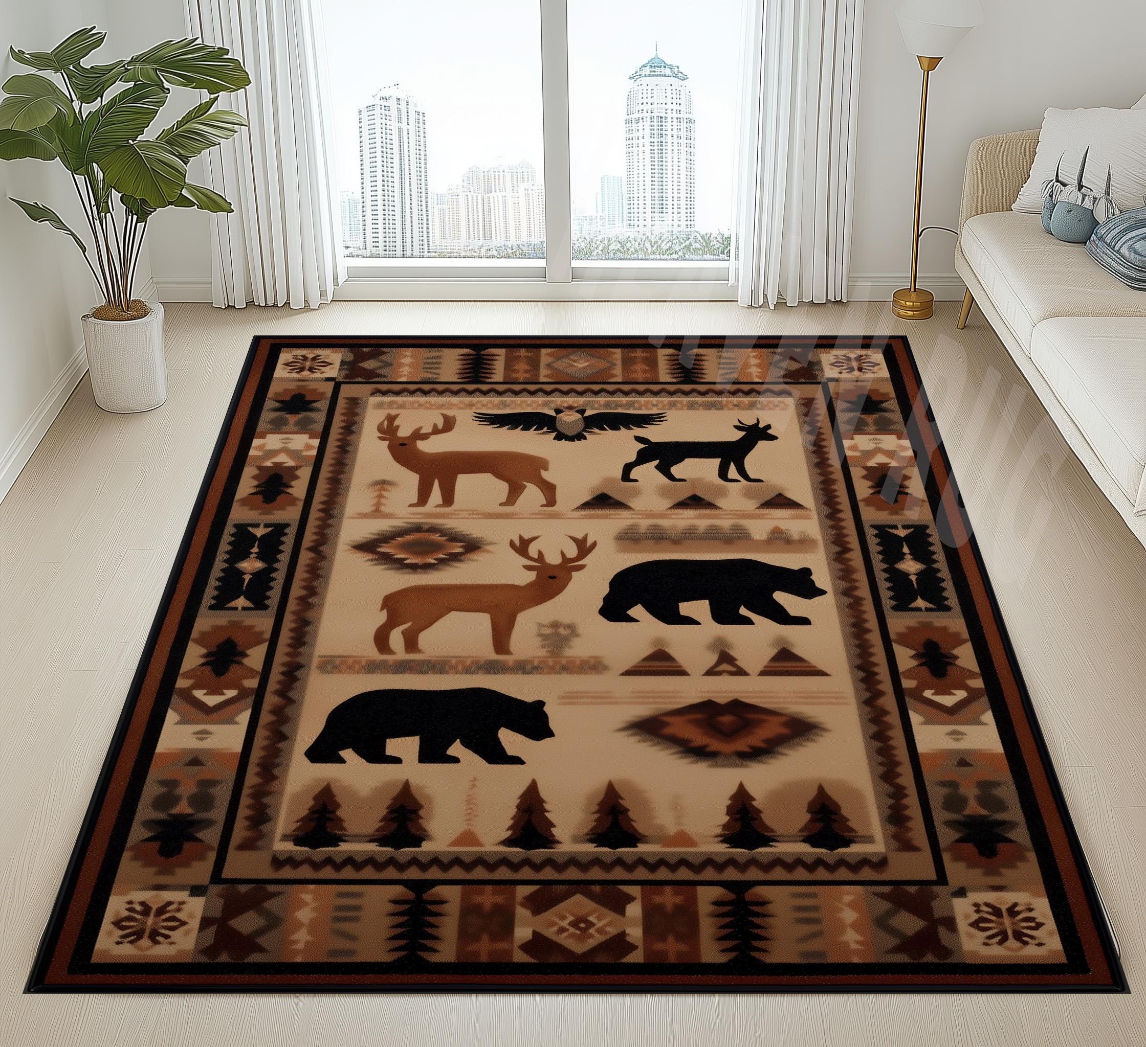 Woodland Animal Rug, Rustic Forest Rug, Cabin Style Rug, Tribal Nature ...
