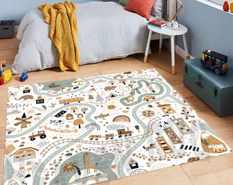 May include: A white and brown play mat with a whimsical design featuring a winding road, buildings, animals, and a train. The mat is perfect for a child's playroom or bedroom.