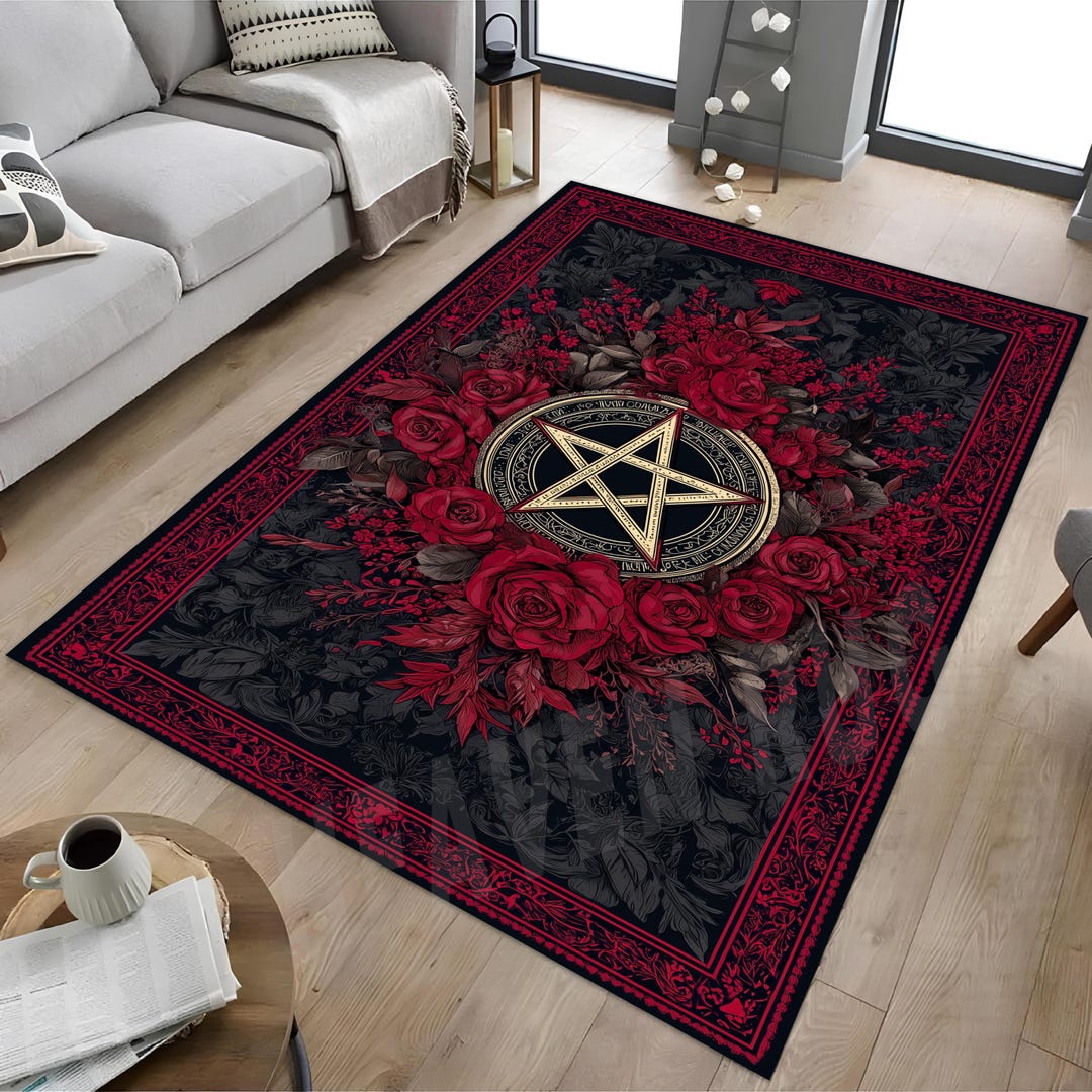 Pentagram Rug Design Pentagram Rose Rug, Gothic Rose Rug, Occult Floral Rug, Dark Magic Rug ...