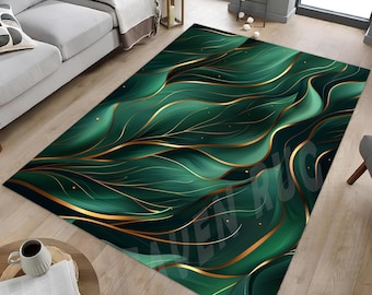 May include: Green and gold area rug with a wavy, abstract pattern. The rug features a design of overlapping leaves with gold accents.
