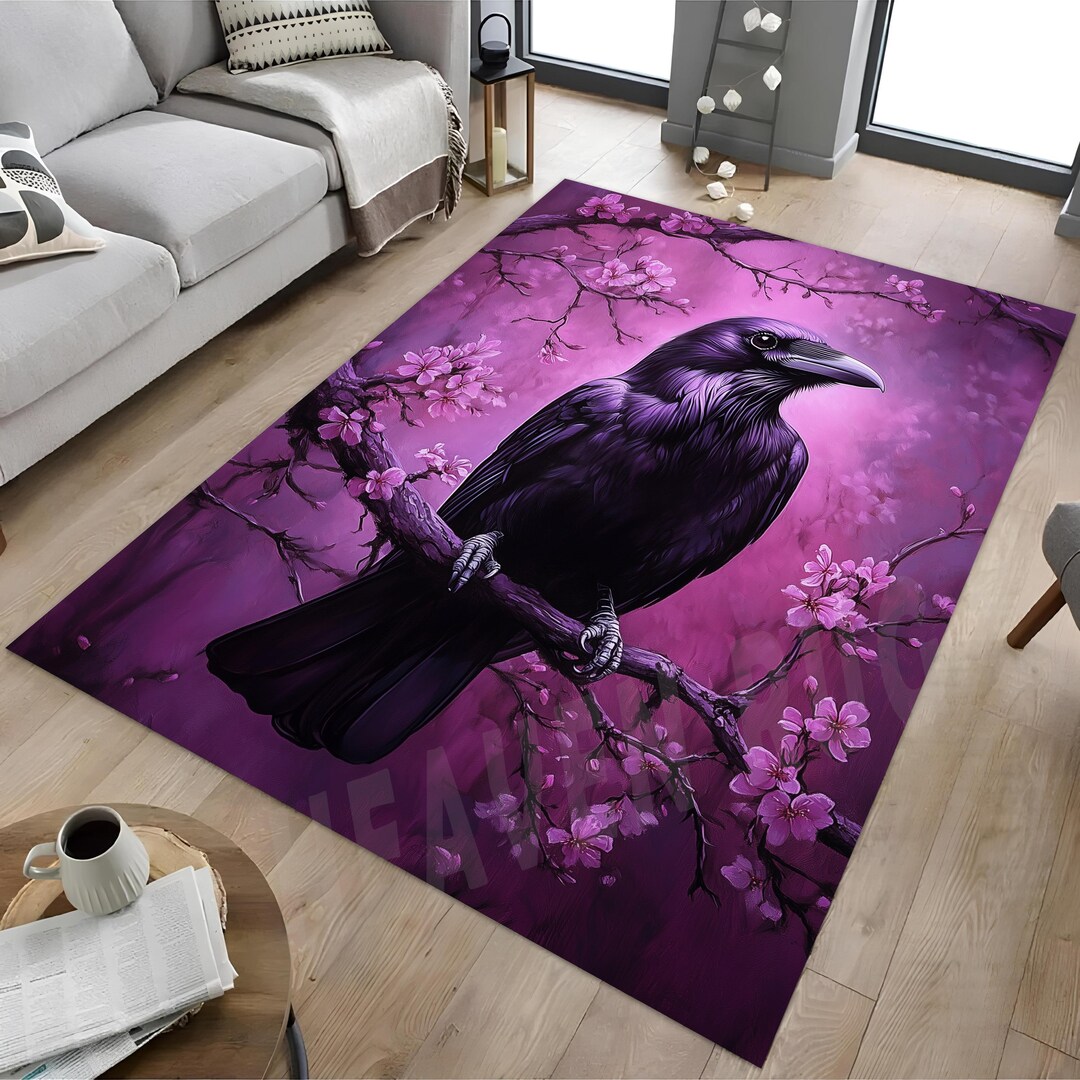 Crow and Cherry Blossom Rug: Rustic Floral Bird Art - Etsy
