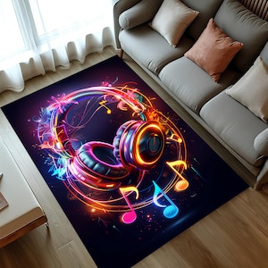Neon Headphones Music Rug: Colorful Music Room Decor