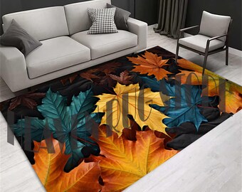 May include: A rectangular area rug featuring a vibrant autumn leaf design. The rug showcases a mix of colorful maple leaves in shades of yellow, orange, teal, and brown against a dark background. The rug is placed in a living room setting.