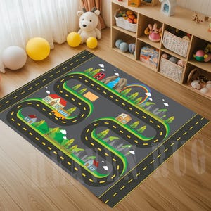 Road Track Kids Rug: Playroom Race Car Mat