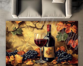 Red Wine & Grape Leaves Kitchen Rug: Non-Slip Home Decor