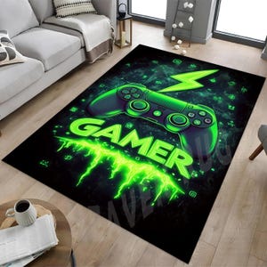 Neon Green Gamer Controller Rug: Game Room Decor