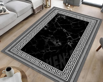 Grey Marble Greek Key Rug: Modern Living Room Carpet