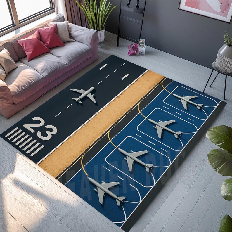 Airplan Rug Blue Airfield Rug: Kids Airplane Play Mat, Runway Design - Etsy