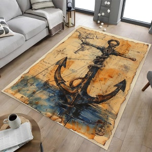 Oceanic Ship Anchor, Anker-Dekor-Teppich, Oceanic Design-Teppich, Meeresteppich, Wollteppich, Kompass-Teppich