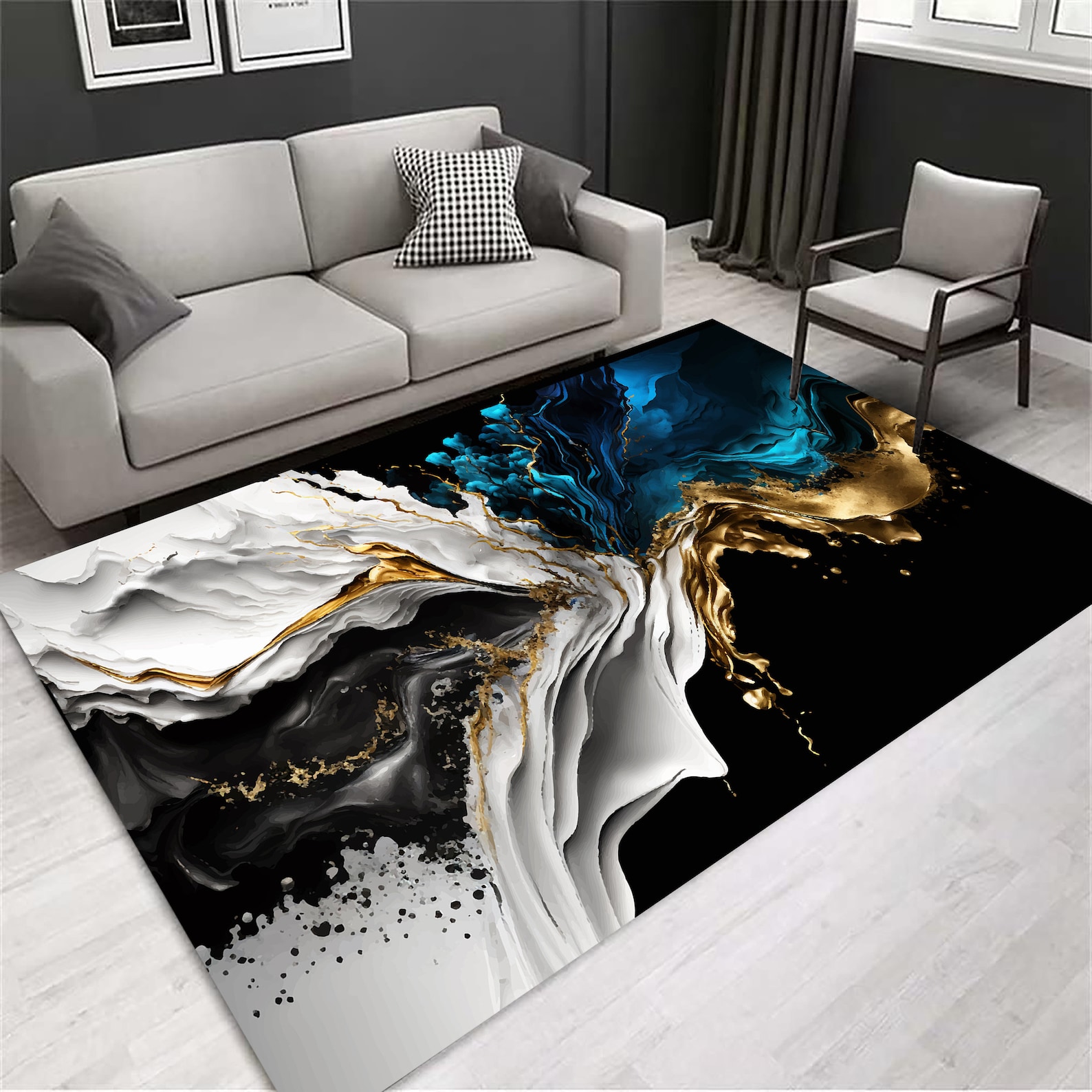 Marble Rug, Black White Blue and Gold Marble Rug, Marble Design Rug ...
