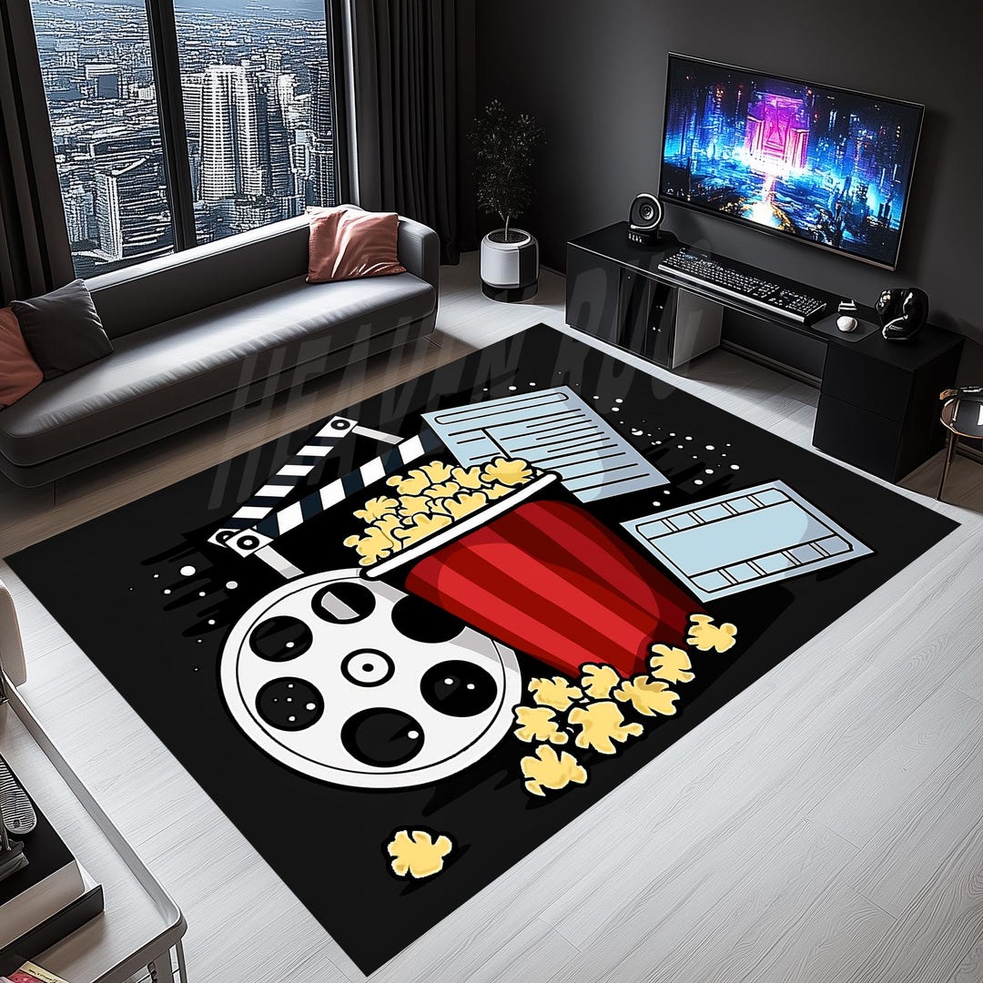 Cinema Room Rug: Black Movie Design, Popcorn & Film - Etsy