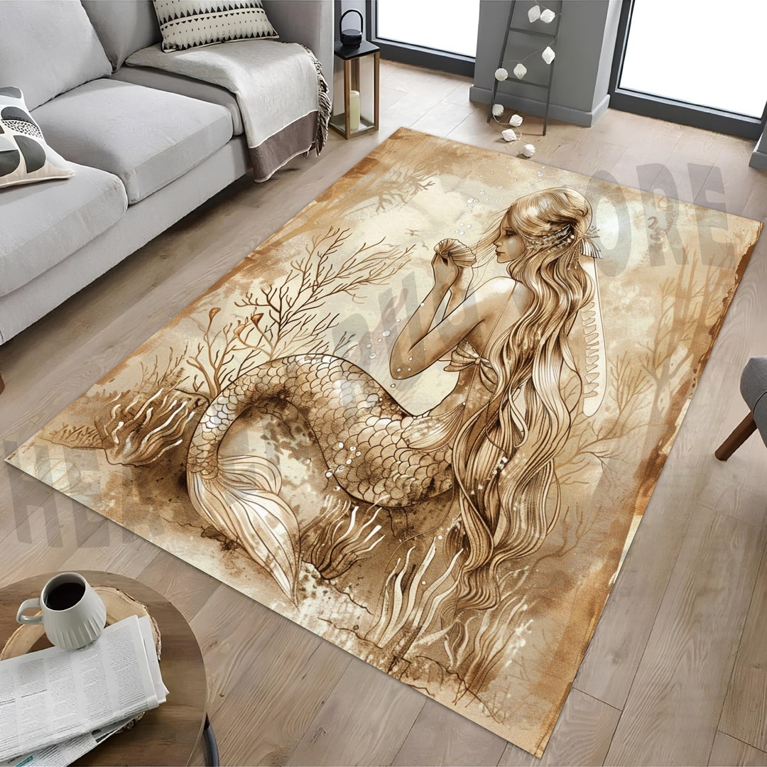 Mermaid Rug, Ocean Landscape Rug, Mermaid Art Rug, Vintage Style Decor