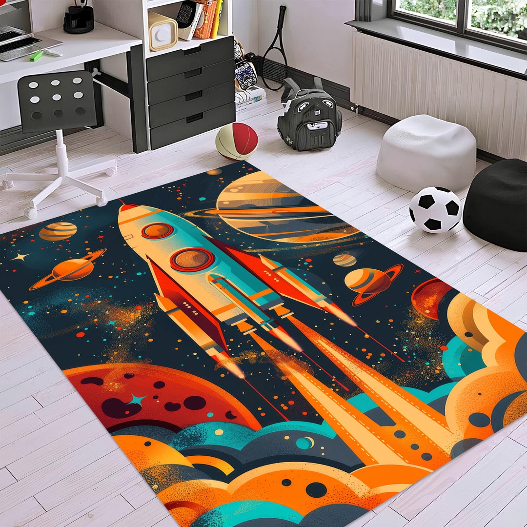 Rocket Circular Rug Rocket Rug: Planets & Clouds, Kids Space Decor - Etsy