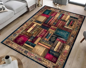 May include: Rectangular area rug with a design of stacked books in various colors, including red, blue, and gold. The rug has a dark blue border and a decorative patterned edge. The rug is placed on a hardwood floor.
