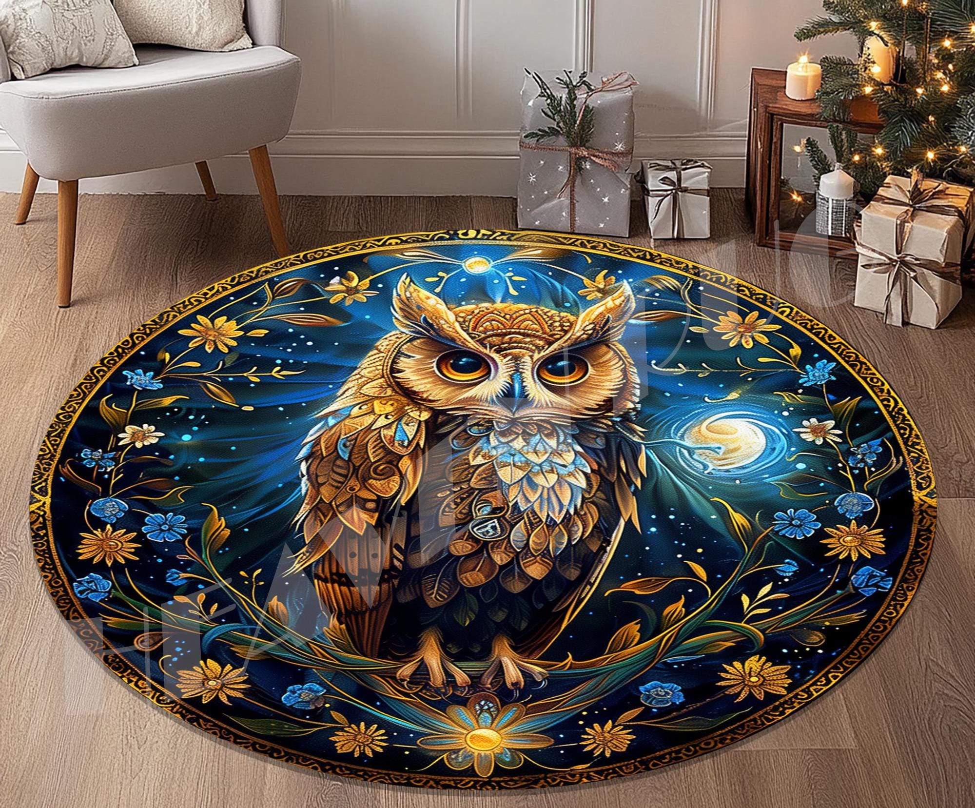 Owl Area Rug: Gold & Blue Floral Design, 24 inch Round Rug