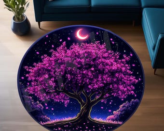 Cherry Blossom Tree of Life Round Rug: Purple Crescent Moon Design (24 inch)