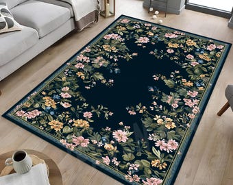 Navy Floral Rug: Modern Flower Accent Rug, Non-Slip Cotton Base