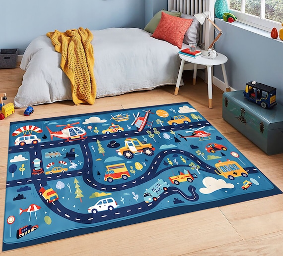 Kids Play Rug: Road Design, Cars, Helicopters - Nursery Decor