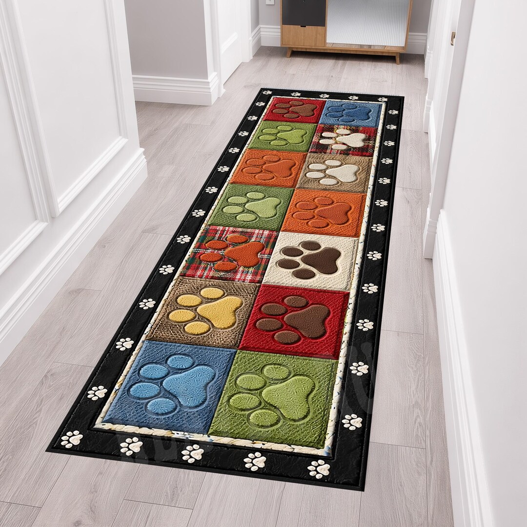 Colorful Paw Print Runner Rug, Embossed Plaid Farmhouse Carpet - Etsy