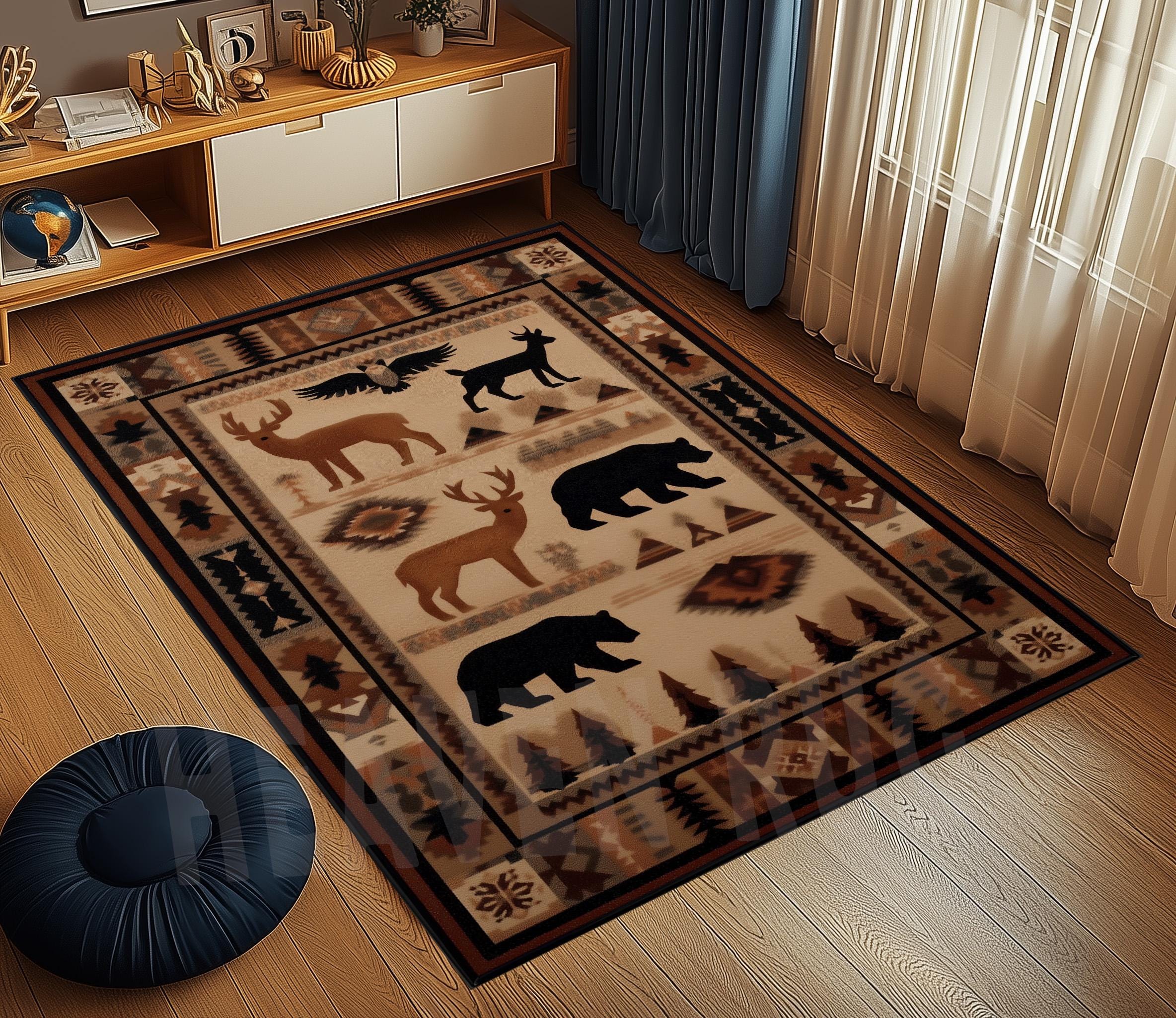 Woodland Animal Rug, Rustic Forest Rug, Cabin Style Rug, Tribal Nature ...