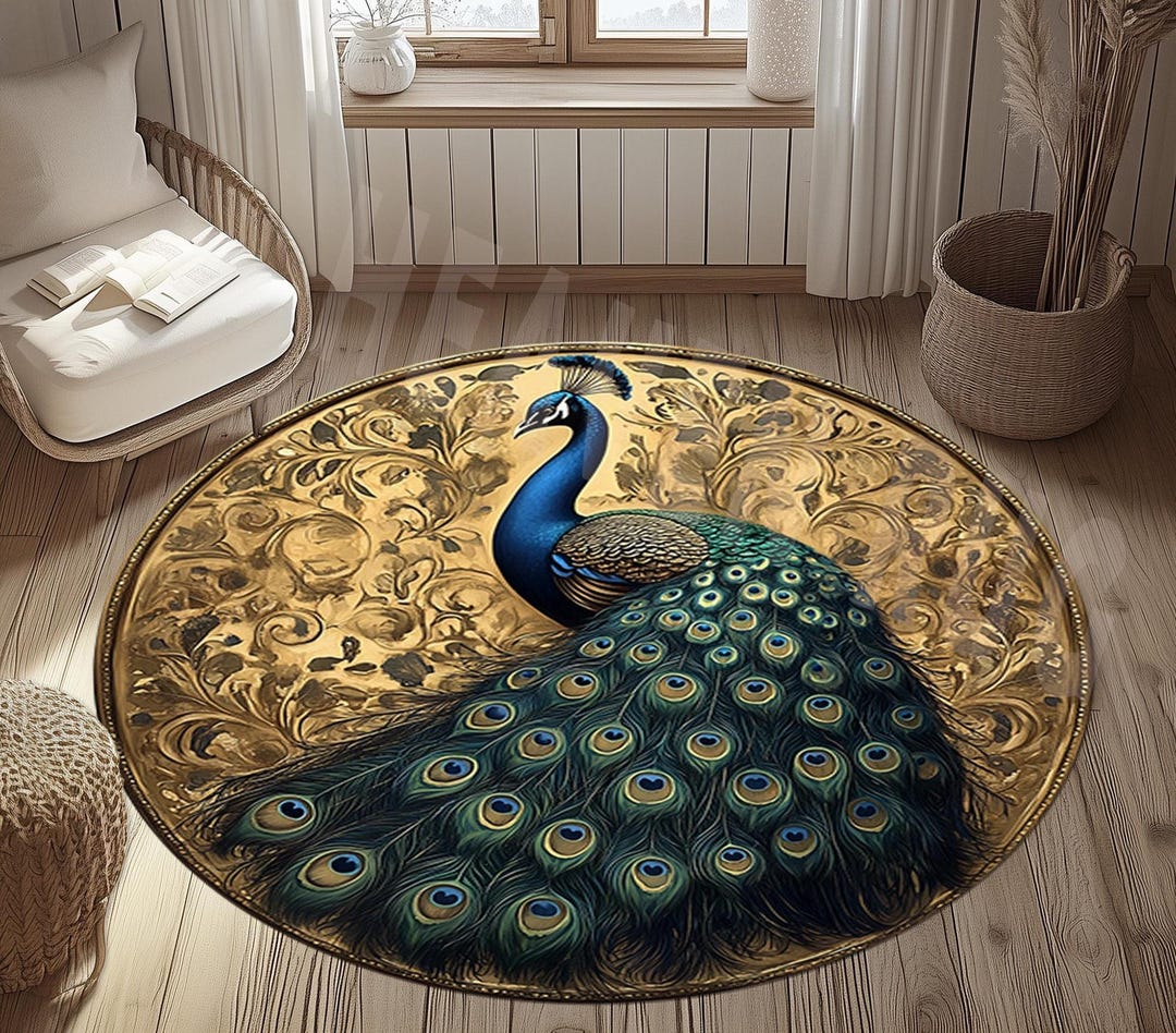 Peacock Round Rug: Bird Design, Non-slip Cotton Base (24 Inch) - Etsy