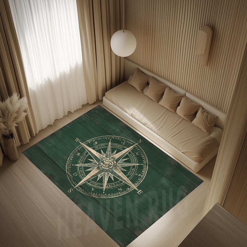 Nautical Compass Rug: Green Velvet, Non-slip Cotton Base - Etsy