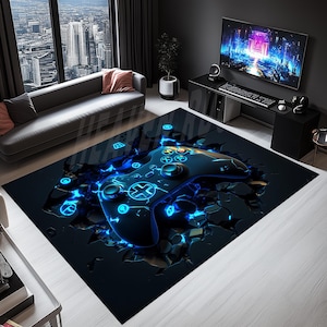 Könnte beinhalten: Ein blauer und schwarzer Gaming-Controller-Teppich mit einem leuchtend blauen Design. Der Teppich zeigt eine realistische Darstellung eines Videospiel-Controllers.