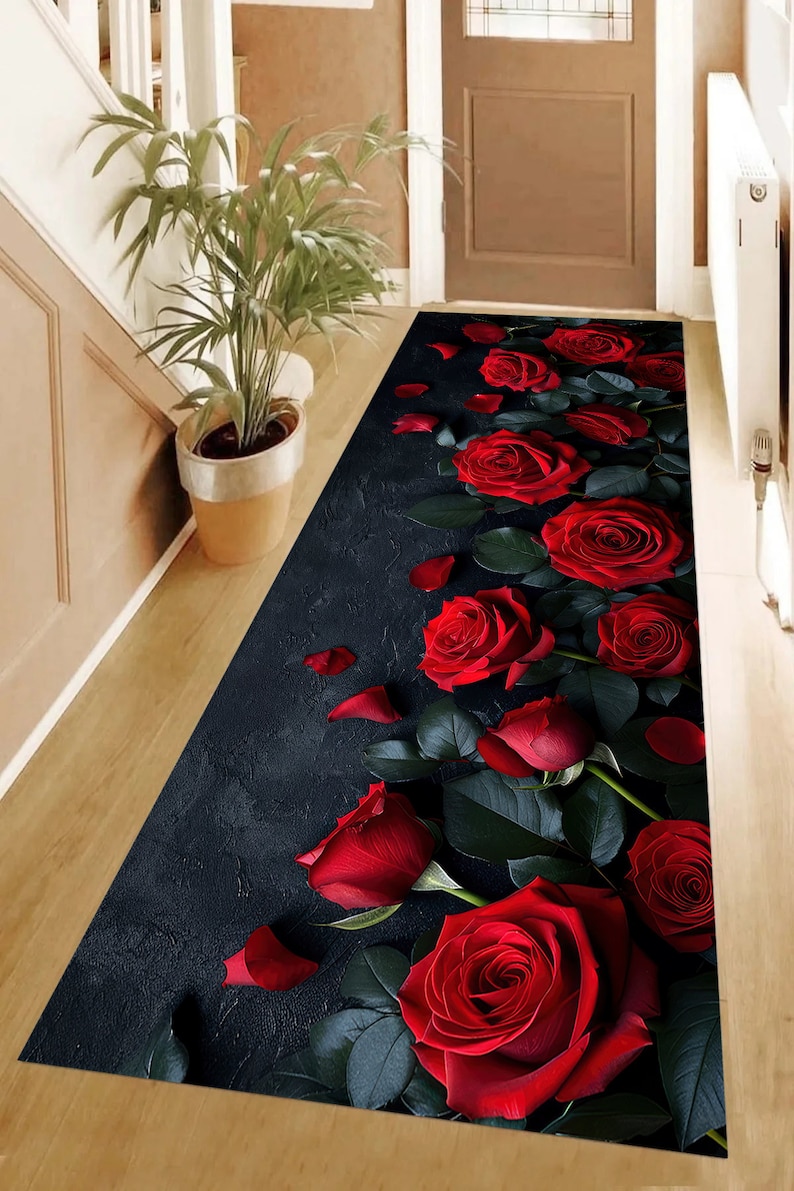Red Roses Runner Rug: Modern Floral Hallway Carpet - Etsy
